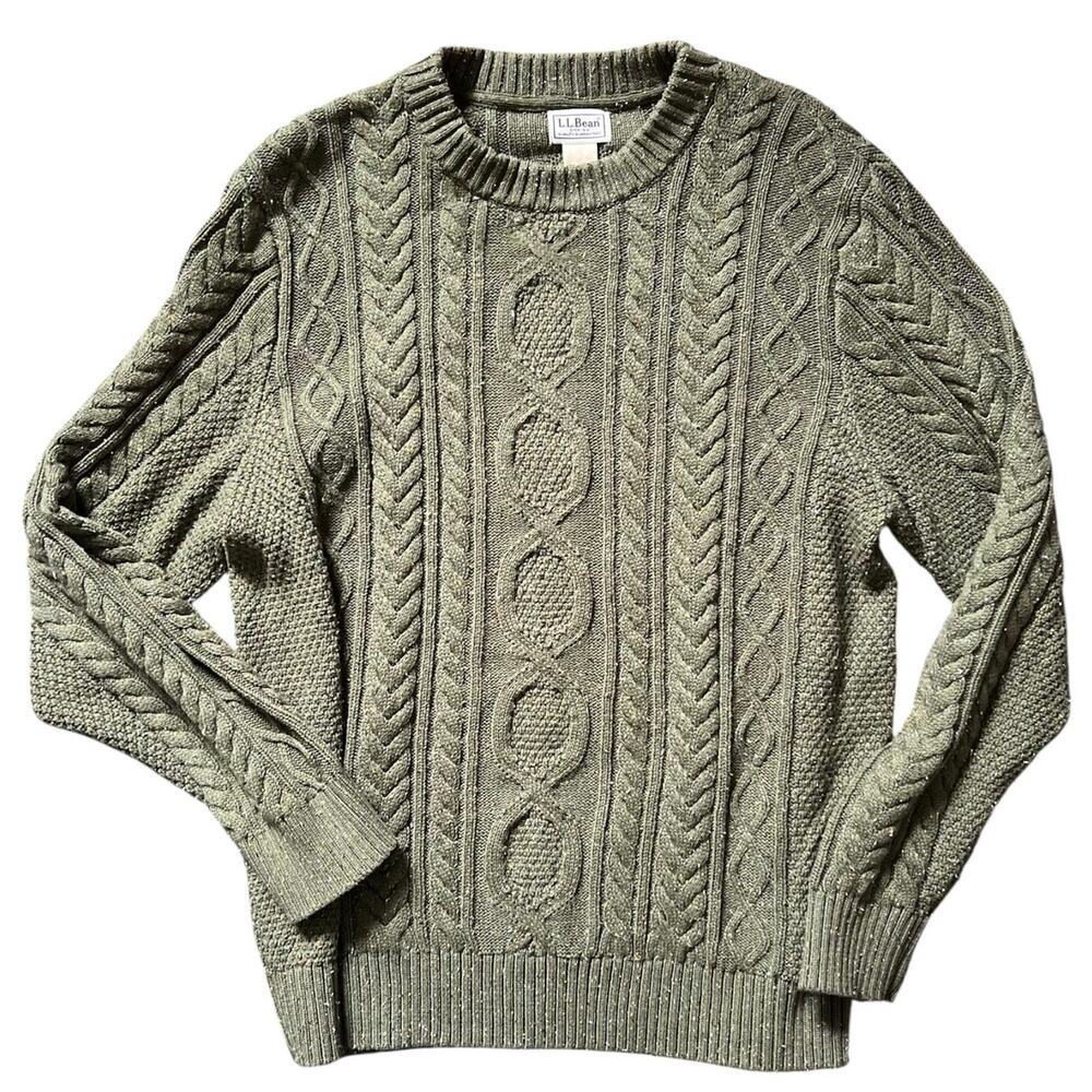 LL Bean Green Speckled Cable Knit Sweater Size Large Mens Organic Cotton